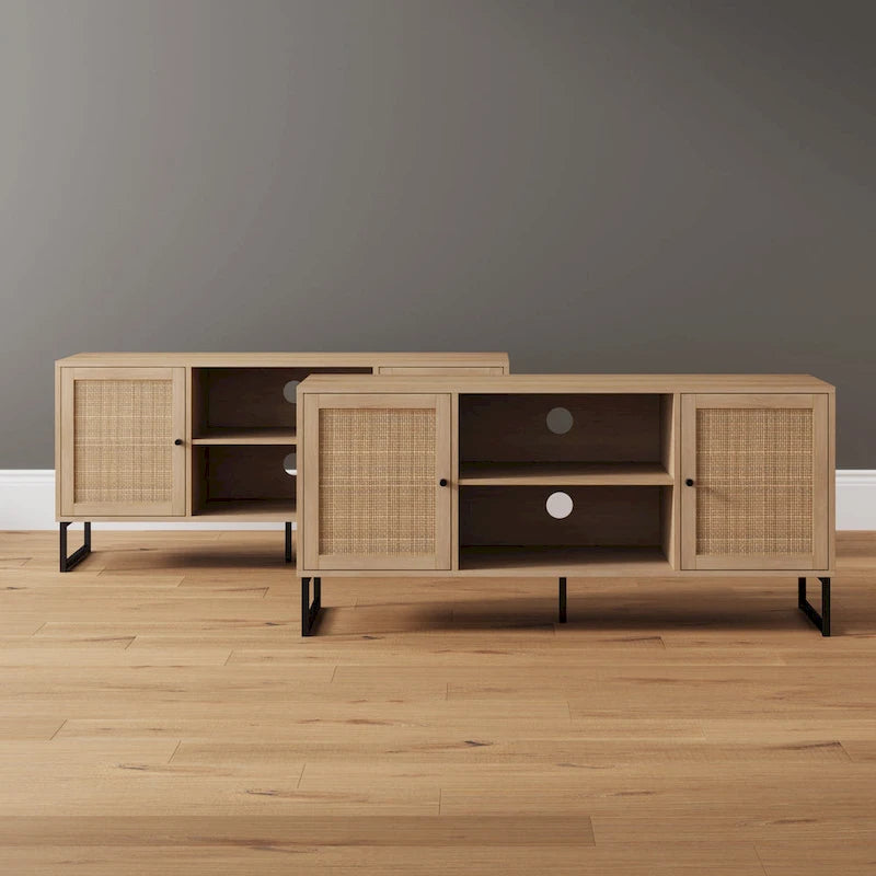 Mobile TV Boho in Rovere/Bianco e Nero/Oro con ante in Rattan, Singolo o Set da 2