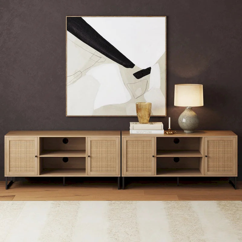 Mobile TV Boho in Rovere/Bianco e Nero/Oro con ante in Rattan, Singolo o Set da 2