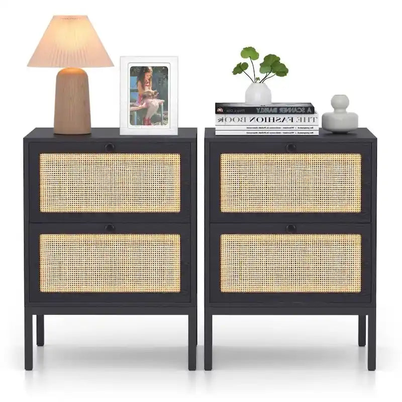 Comodino Rattan Nero / Naturale con Cassetto, Stile Boho, Uso per 1-2 Persone