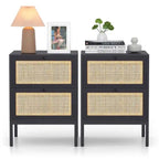 Comodino Rattan Nero / Naturale con Cassetto, Stile Boho, Uso per 1-2 Persone