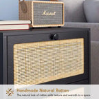 Comodino Rattan Nero / Naturale con Cassetto, Stile Boho, Uso per 1-2 Persone