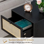 Comodino Rattan Nero / Naturale con Cassetto, Stile Boho, Uso per 1-2 Persone
