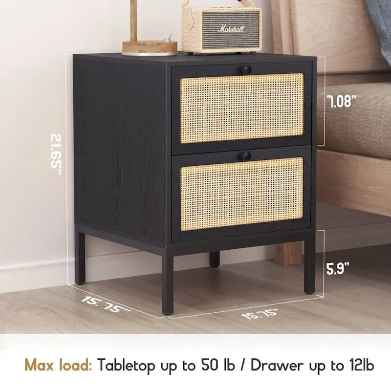 Comodino Rattan Nero / Naturale con Cassetto, Stile Boho, Uso per 1-2 Persone