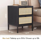 Comodino Rattan Nero / Naturale con Cassetto, Stile Boho, Uso per 1-2 Persone