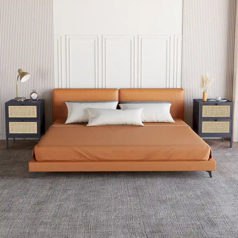 Comodino Rattan Nero / Naturale con Cassetto, Stile Boho, Uso per 1-2 Persone