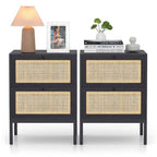 Comodino Rattan Nero / Naturale con Cassetto, Stile Boho, Uso per 1-2 Persone