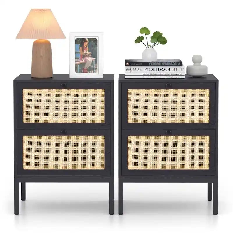 Comodino Rattan Nero / Naturale con Cassetto, Stile Boho, Uso per 1-2 Persone