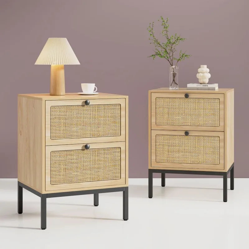 Comodino Rattan Nero / Naturale con Cassetto, Stile Boho, Uso per 1-2 Persone