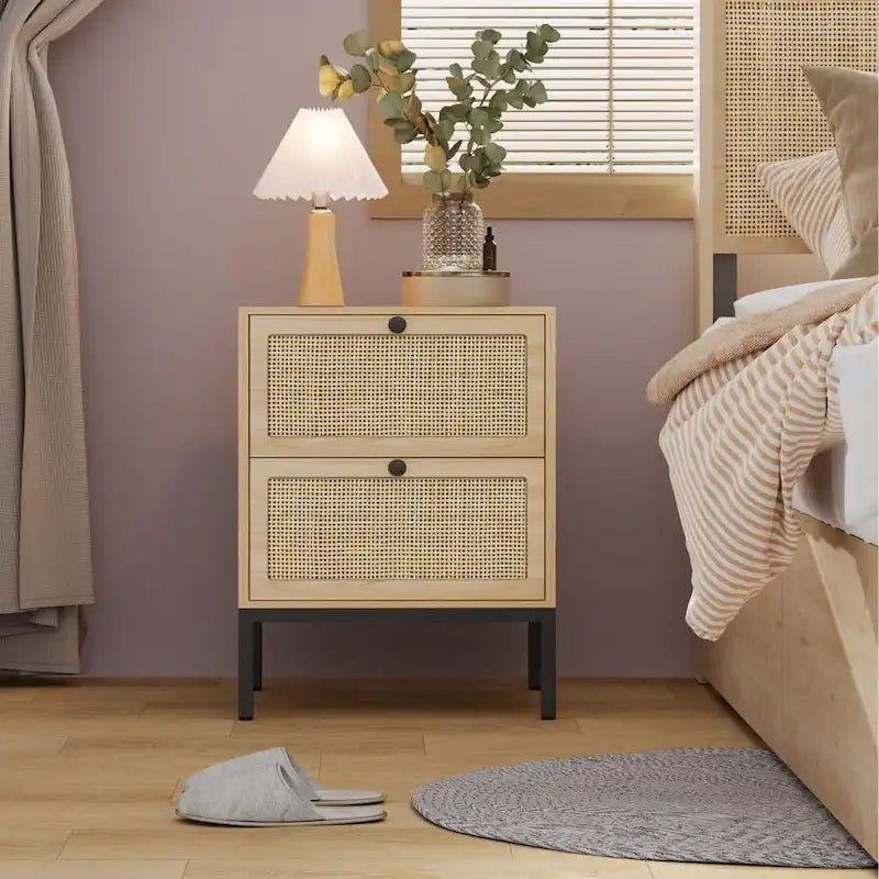 Comodino Rattan Nero / Naturale con Cassetto, Stile Boho, Uso per 1-2 Persone