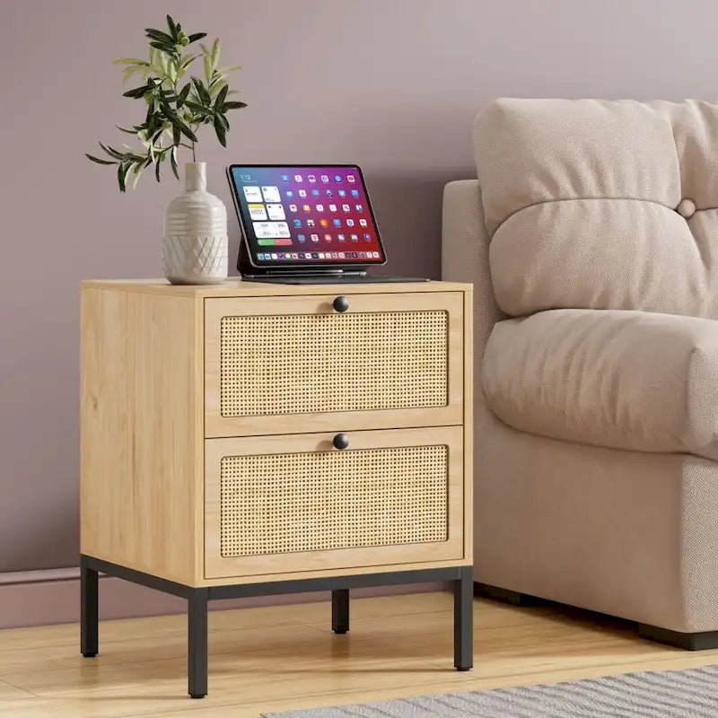 Comodino Rattan Nero / Naturale con Cassetto, Stile Boho, Uso per 1-2 Persone