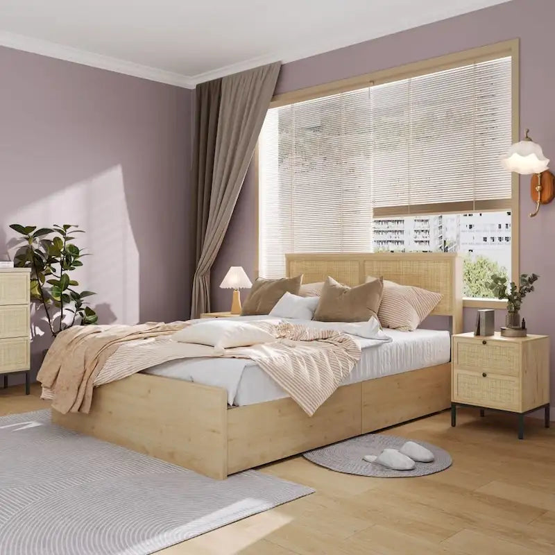 Comodino Rattan Nero / Naturale con Cassetto, Stile Boho, Uso per 1-2 Persone