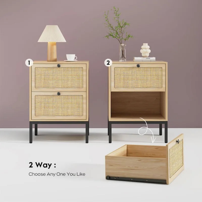Comodino Rattan Nero / Naturale con Cassetto, Stile Boho, Uso per 1-2 Persone