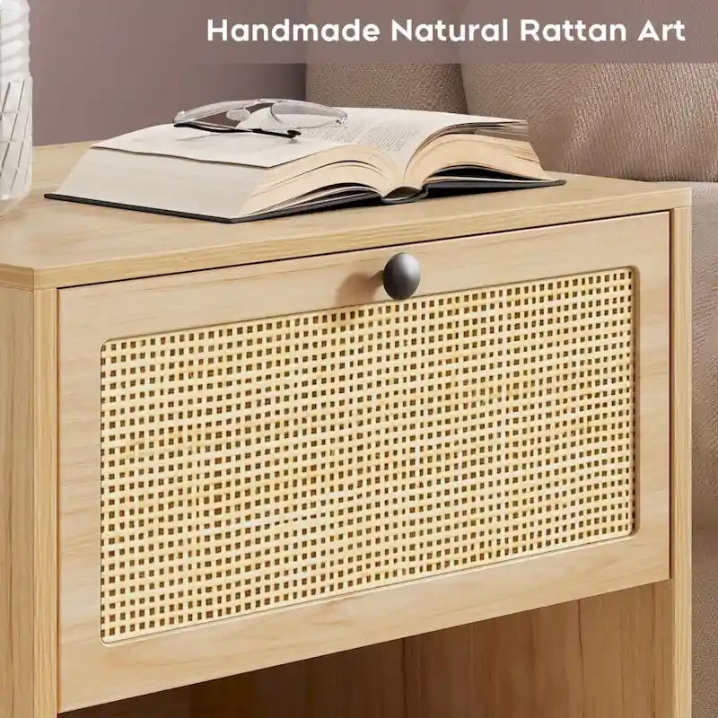 Comodino Rattan Nero / Naturale con Cassetto, Stile Boho, Uso per 1-2 Persone