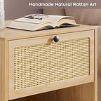 Comodino Rattan Nero / Naturale con Cassetto, Stile Boho, Uso per 1-2 Persone