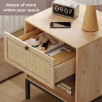 Comodino Rattan Nero / Naturale con Cassetto, Stile Boho, Uso per 1-2 Persone