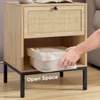 Comodino Rattan Nero / Naturale con Cassetto, Stile Boho, Uso per 1-2 Persone