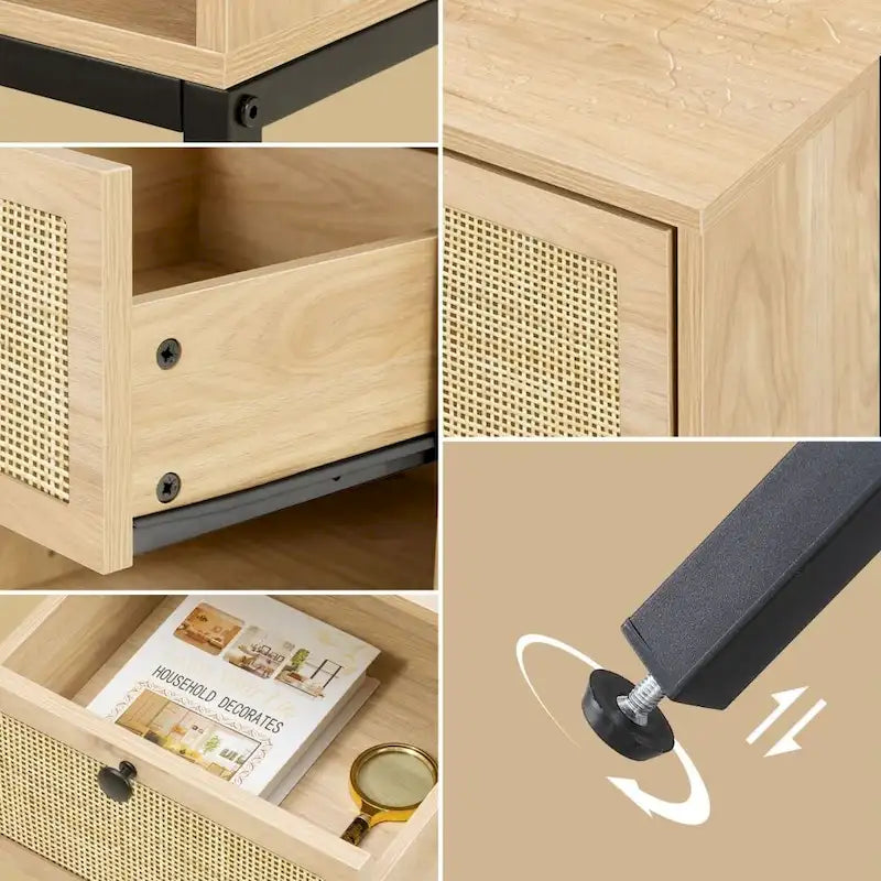 Comodino Rattan Nero / Naturale con Cassetto, Stile Boho, Uso per 1-2 Persone