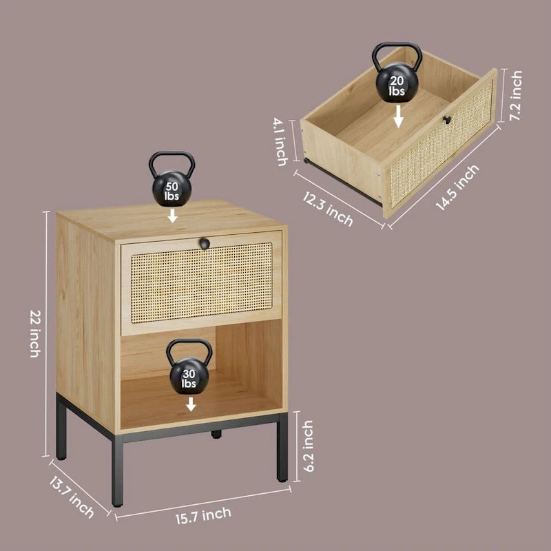 Comodino Rattan Nero / Naturale con Cassetto, Stile Boho, Uso per 1-2 Persone