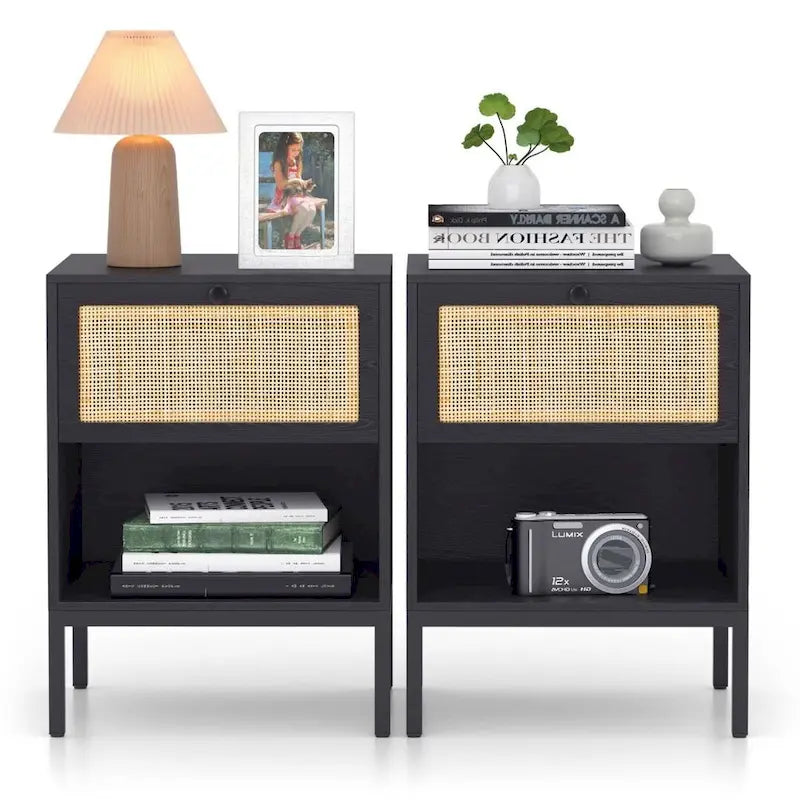 Comodino Rattan Nero / Naturale con Cassetto, Stile Boho, Uso per 1-2 Persone