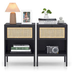 Comodino Rattan Nero / Naturale con Cassetto, Stile Boho, Uso per 1-2 Persone