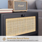 Comodino Rattan Nero / Naturale con Cassetto, Stile Boho, Uso per 1-2 Persone