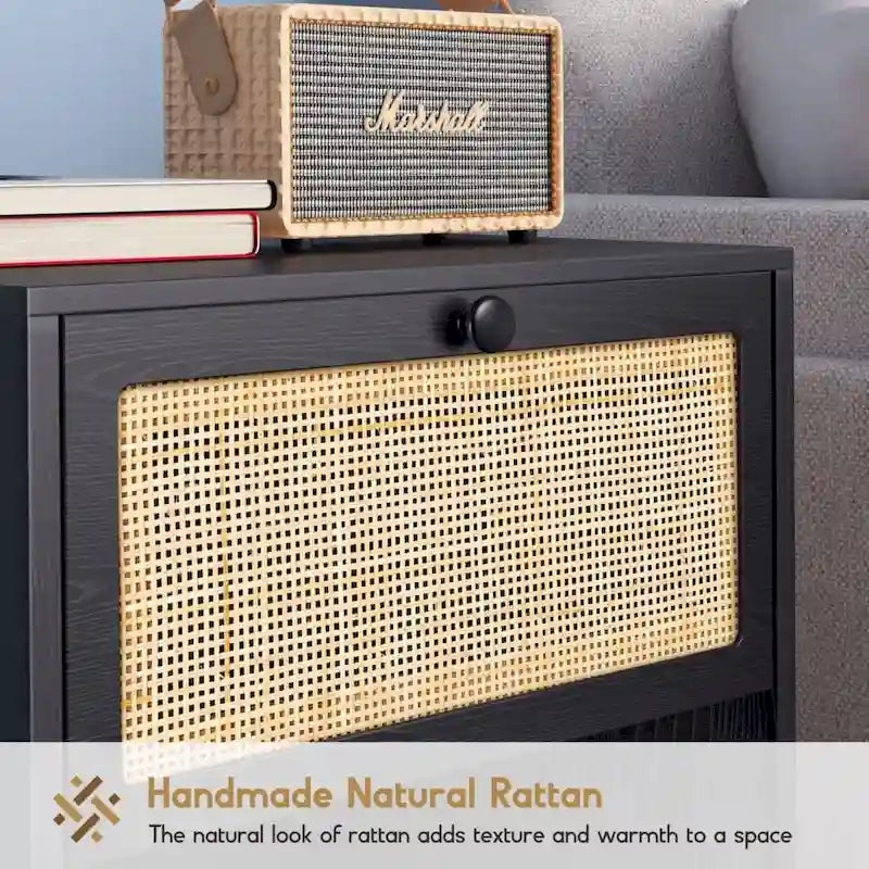 Comodino Rattan Nero / Naturale con Cassetto, Stile Boho, Uso per 1-2 Persone