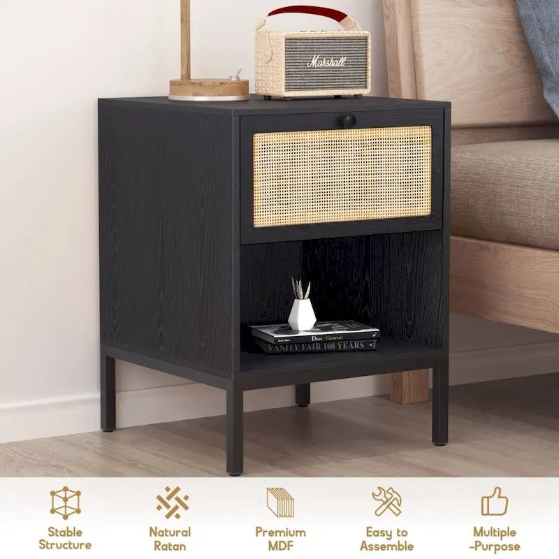 Comodino Rattan Nero / Naturale con Cassetto, Stile Boho, Uso per 1-2 Persone