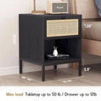 Comodino Rattan Nero / Naturale con Cassetto, Stile Boho, Uso per 1-2 Persone