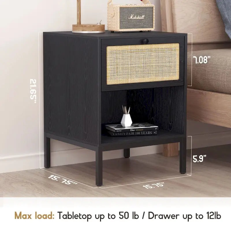 Comodino Rattan Nero / Naturale con Cassetto, Stile Boho, Uso per 1-2 Persone