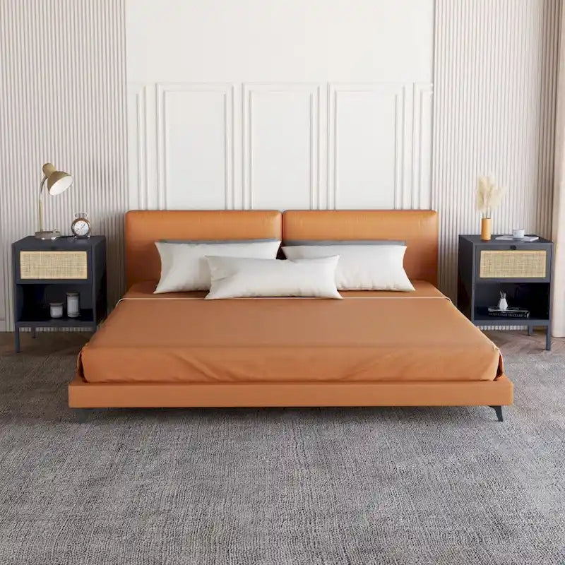 Comodino Rattan Nero / Naturale con Cassetto, Stile Boho, Uso per 1-2 Persone