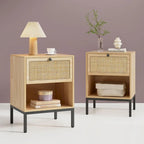 Comodino Rattan Nero / Naturale con Cassetto, Stile Boho, Uso per 1-2 Persone