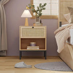 Comodino Rattan Nero / Naturale con Cassetto, Stile Boho, Uso per 1-2 Persone
