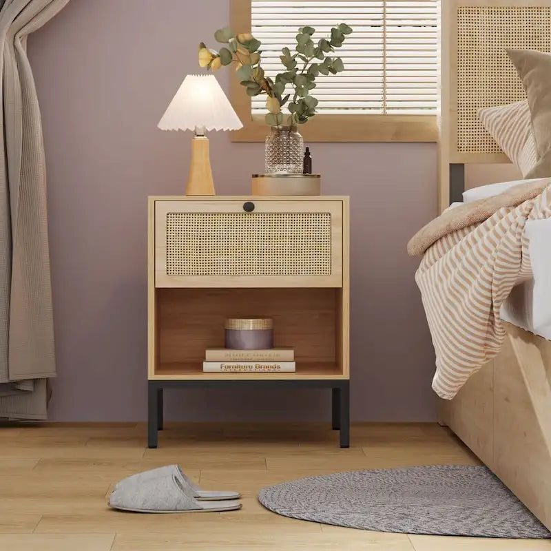 Comodino Rattan Nero / Naturale con Cassetto, Stile Boho, Uso per 1-2 Persone