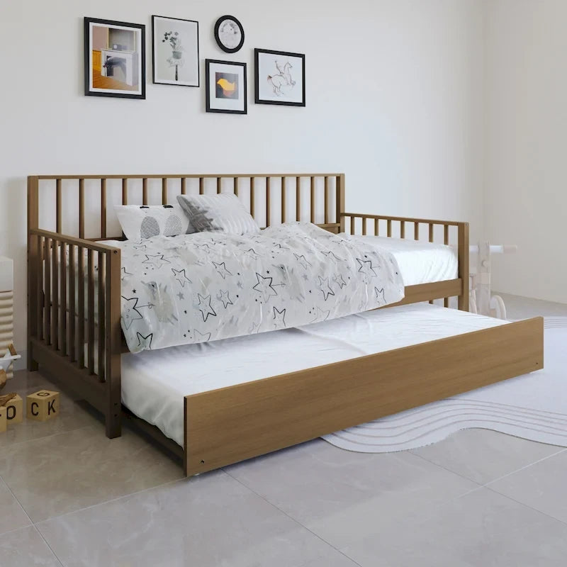 Letto a una piazza in legno vintage con letto estraibile – Quercia chiara / Nero / Noce / Bianco / Grigio antico, 2 posti letto