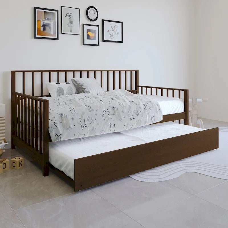 Letto a una piazza in legno vintage con letto estraibile – Quercia chiara / Nero / Noce / Bianco / Grigio antico, 2 posti letto