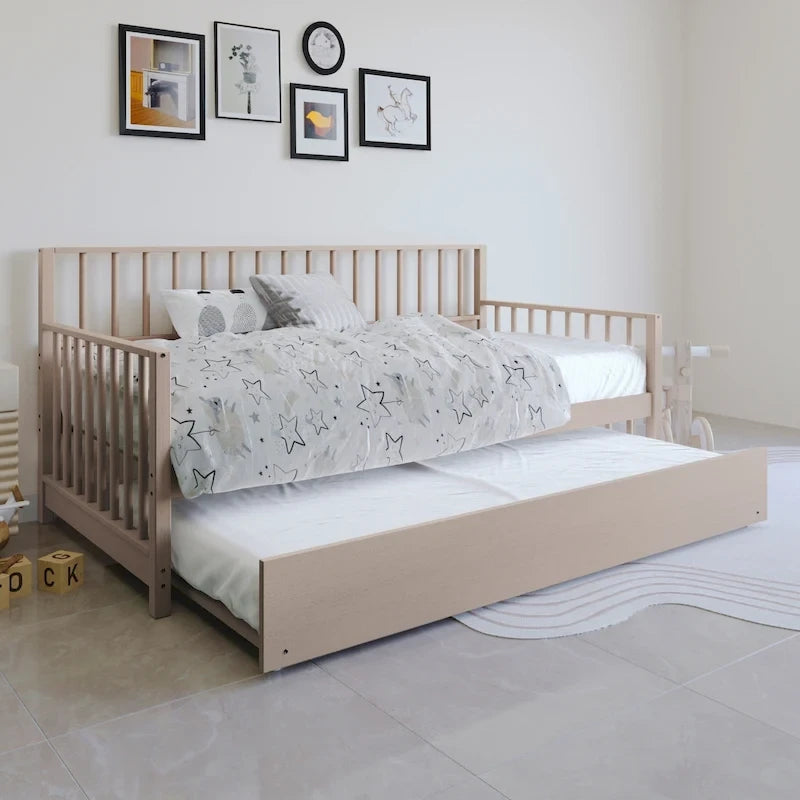 Letto a una piazza in legno vintage con letto estraibile – Quercia chiara / Nero / Noce / Bianco / Grigio antico, 2 posti letto