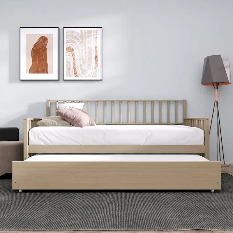 Letto a una piazza in legno vintage con letto estraibile – Quercia chiara / Nero / Noce / Bianco / Grigio antico, 2 posti letto