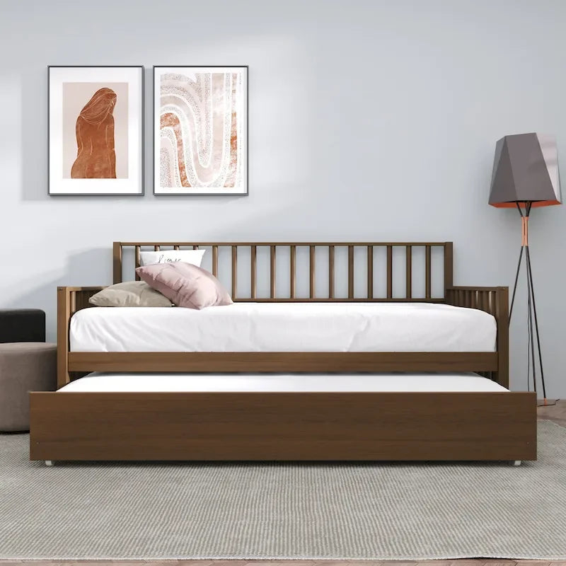 Letto a una piazza in legno vintage con letto estraibile – Quercia chiara / Nero / Noce / Bianco / Grigio antico, 2 posti letto