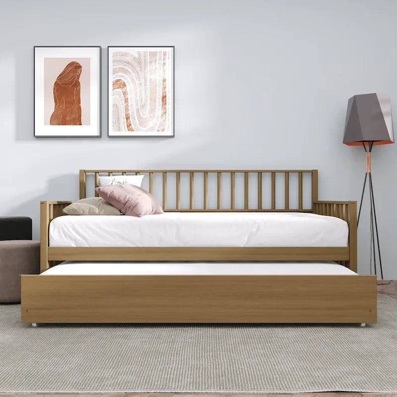 Letto a una piazza in legno vintage con letto estraibile – Quercia chiara / Nero / Noce / Bianco / Grigio antico, 2 posti letto