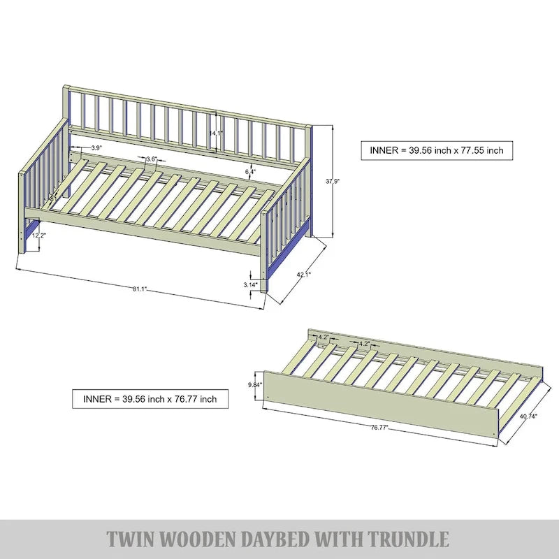 Letto a una piazza in legno vintage con letto estraibile – Quercia chiara / Nero / Noce / Bianco / Grigio antico, 2 posti letto
