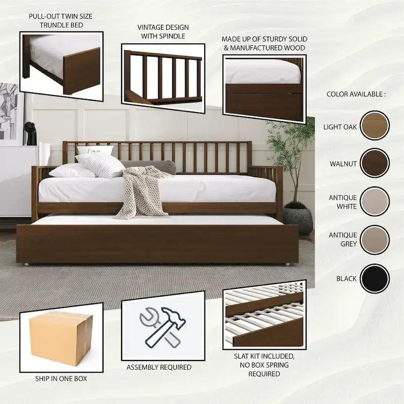 Letto a una piazza in legno vintage con letto estraibile – Quercia chiara / Nero / Noce / Bianco / Grigio antico, 2 posti letto