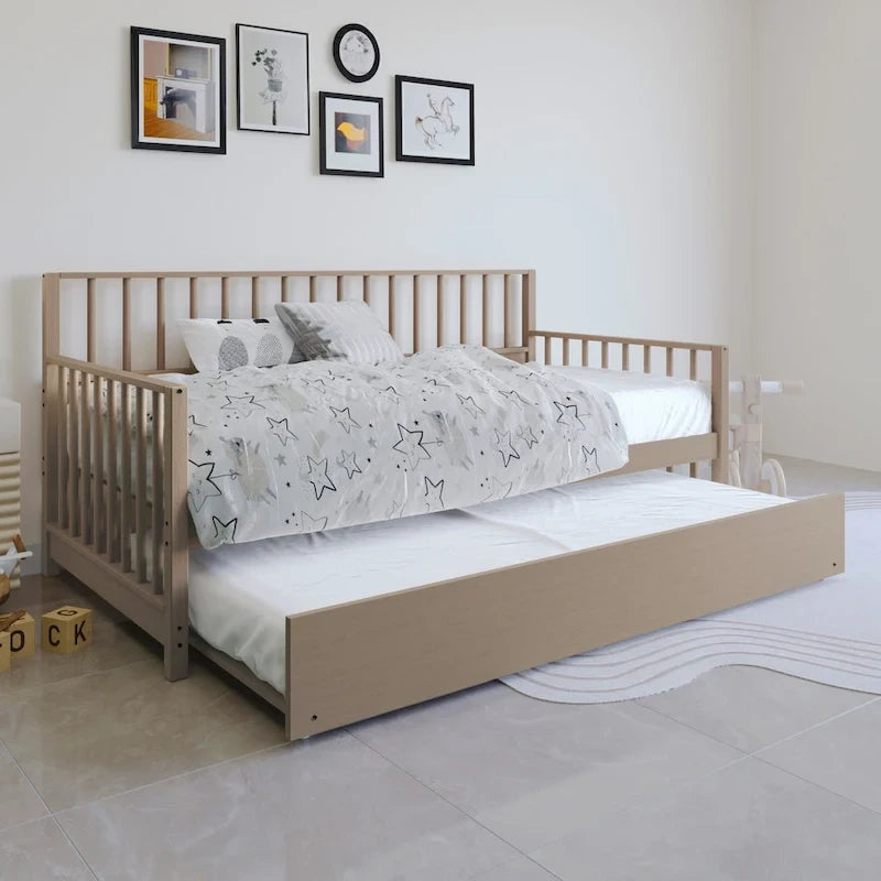 Letto a una piazza in legno vintage con letto estraibile – Quercia chiara / Nero / Noce / Bianco / Grigio antico, 2 posti letto