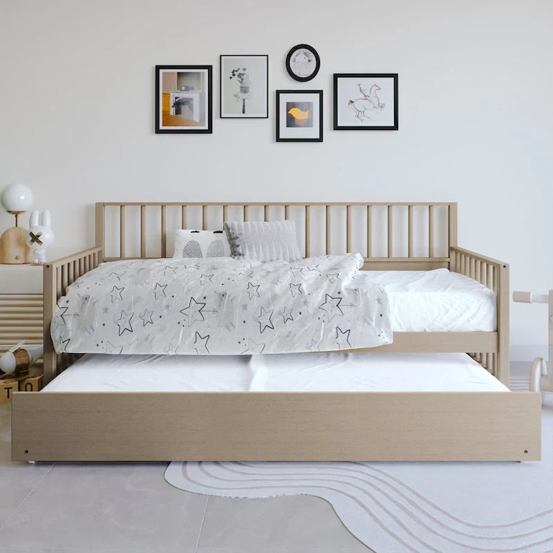 Letto a una piazza in legno vintage con letto estraibile – Quercia chiara / Nero / Noce / Bianco / Grigio antico, 2 posti letto