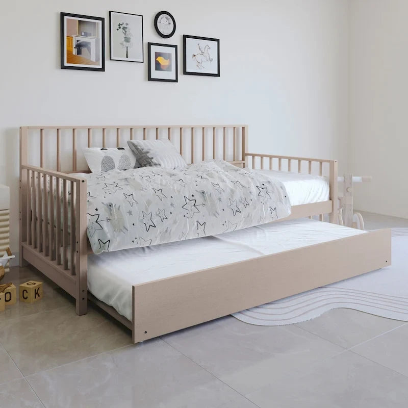 Letto a una piazza in legno vintage con letto estraibile – Quercia chiara / Nero / Noce / Bianco / Grigio antico, 2 posti letto