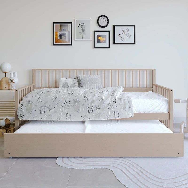 Letto a una piazza in legno vintage con letto estraibile – Quercia chiara / Nero / Noce / Bianco / Grigio antico, 2 posti letto