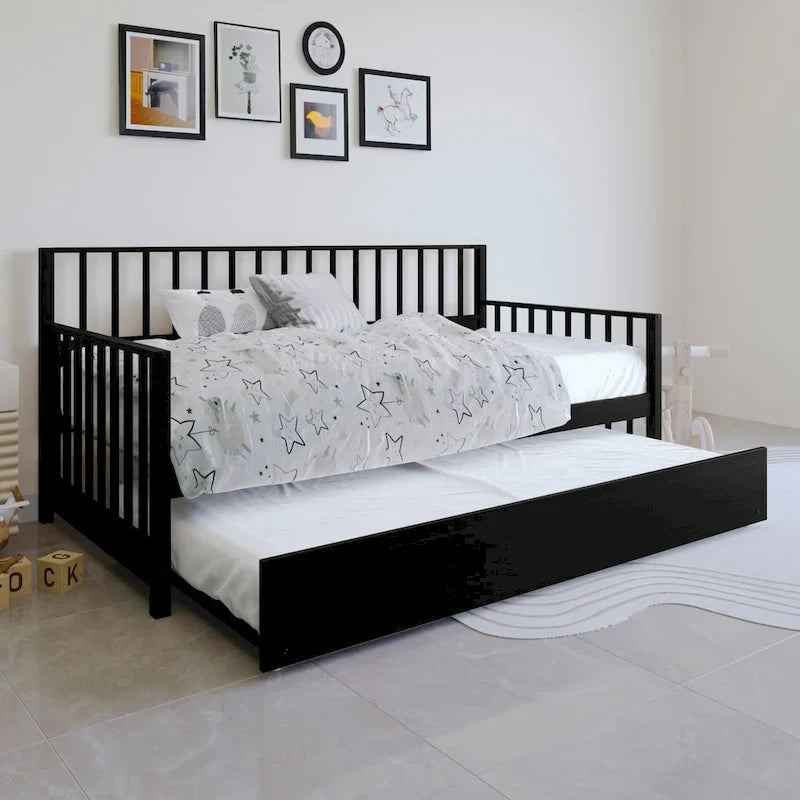 Letto a una piazza in legno vintage con letto estraibile – Quercia chiara / Nero / Noce / Bianco / Grigio antico, 2 posti letto