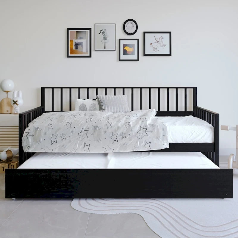 Letto a una piazza in legno vintage con letto estraibile – Quercia chiara / Nero / Noce / Bianco / Grigio antico, 2 posti letto