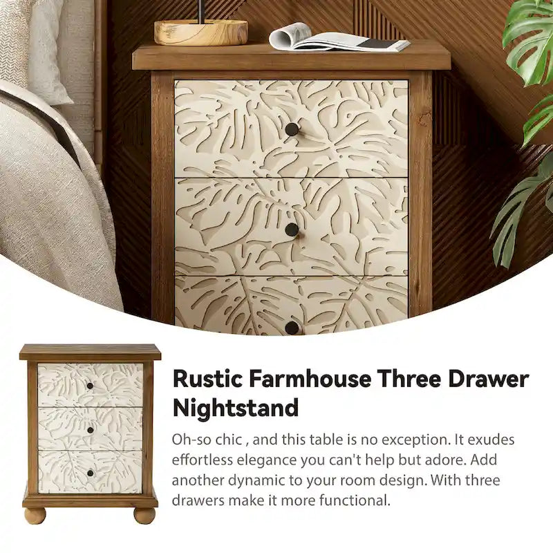 Cassettiera a 3 cassetti crema e marrone, stile rustico, armadietto singolo