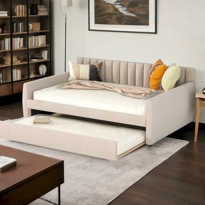 Letto da giorno imbottito in velluto grigio con letto estraibile a scomparsa, due posti letto