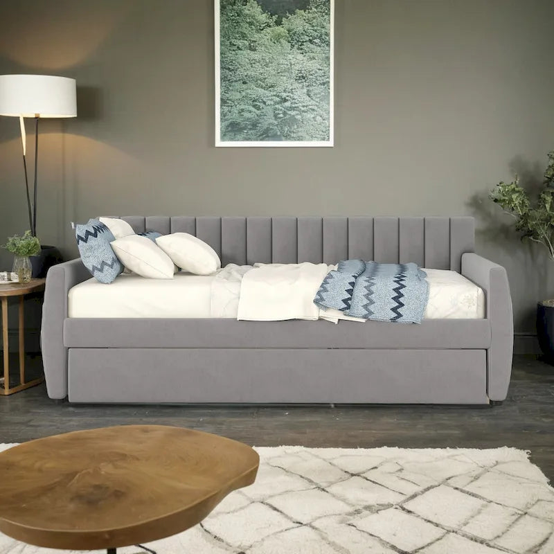 Letto da giorno imbottito in velluto grigio con letto estraibile a scomparsa, due posti letto